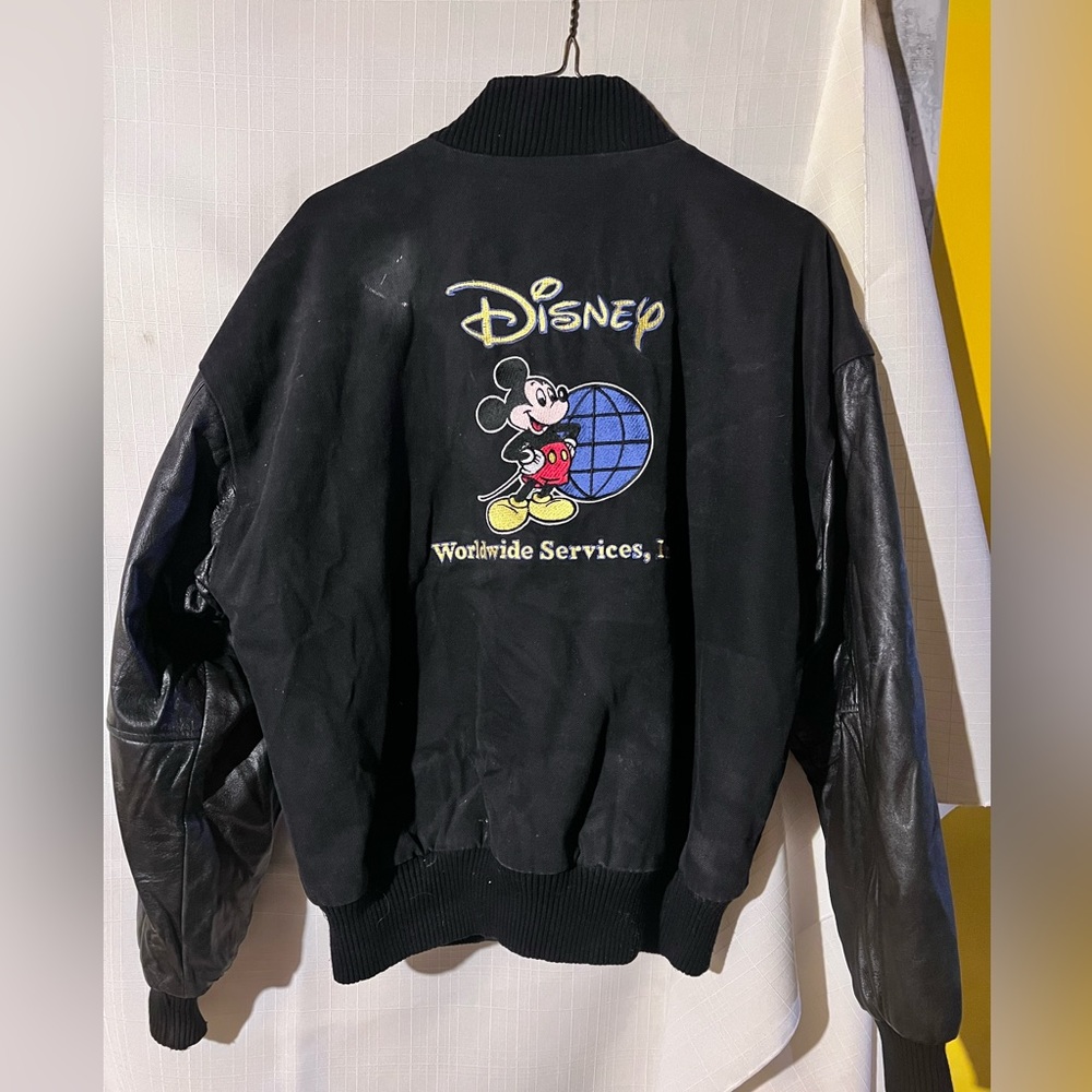 Vintage Disney Worlwide Services Leather Bomber Jacket Embroidered